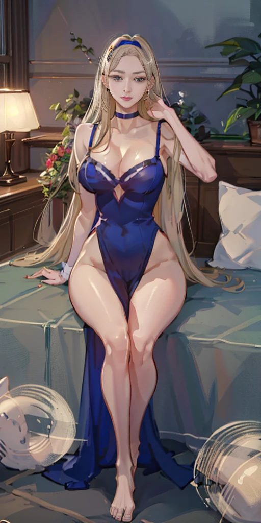 masterpiece, best quality, full body, barefoot, solo, female, big breast, ultra high res, photo, 4k, (photorealistic), absurdres, ((Reclined on pillow on bed))(( Alice, from disney alice in wonderland animated movie serieeautiful face)) ((long straight blonde hair)) ((very huge breasts)) (perfect slim body) ((wears blue tiny string transparent lingerie, garterbelt)) ((choker, head band)) ((posing on giant bedroom)) (high definition, dynamic lights and shadows) ((masterpiece)) (8k) (perfect face) (best quality) (perfect hands)