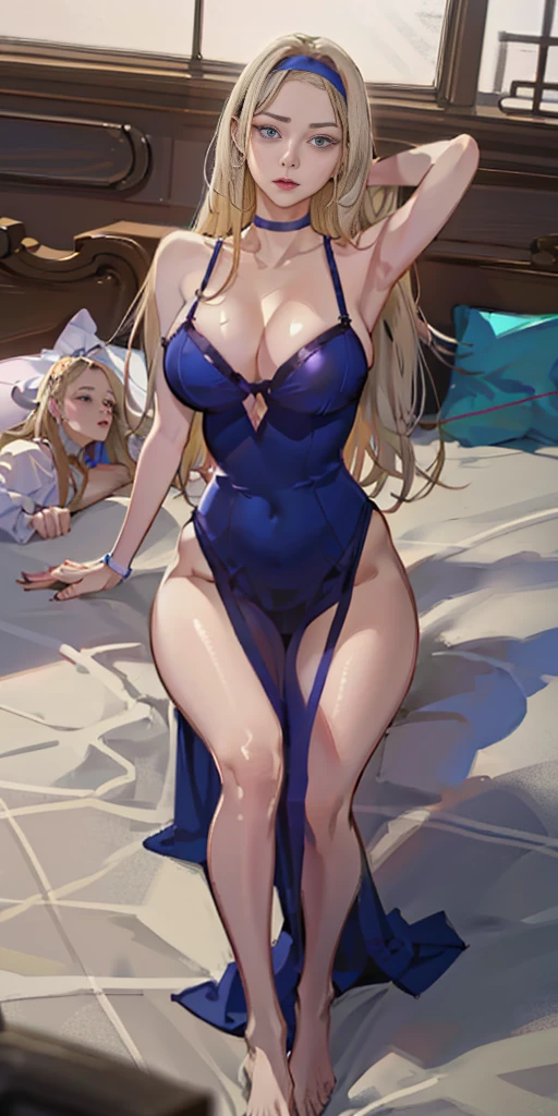 masterpiece, best quality, full body, barefoot, solo, female, big breast, ultra high res, photo, 4k, (photorealistic), absurdres, ((Reclined on pillow on bed))(( Alice, from disney alice in wonderland animated movie serieeautiful face)) ((long straight blonde hair)) ((very huge breasts)) (perfect slim body) ((wears blue tiny string transparent lingerie, garterbelt)) ((choker, head band)) ((posing on giant bedroom)) (high definition, dynamic lights and shadows) ((masterpiece)) (8k) (perfect face) (best quality) (perfect hands)