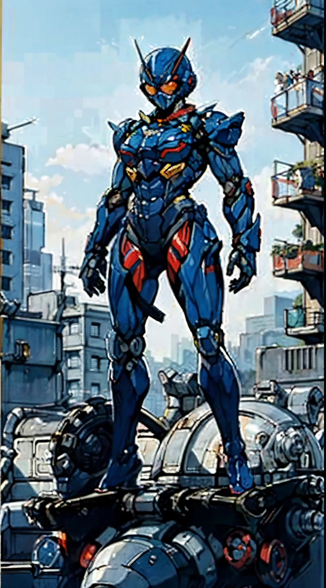 A super  a high-tech biotech battle suit, standing on a rooftop, looking over the city, Japanese tokusatsu and American comic style, biometallic texture of the suit, sleek and shiny, dynamic, fast, natural light, cinematic, high quality, high resolution, high detail, sophisticated design, dramatic, high definition, ultra-detailed, ultra-fine painting, extremely delicate, creativity, Natural light, cinematic lighting, best shadow, masterpiece-anatomy-perfect