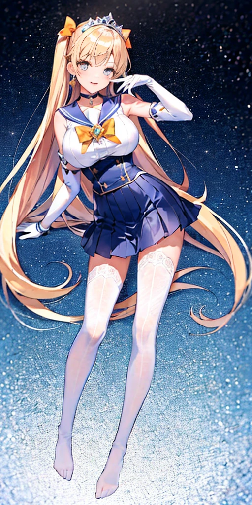 masterpiece, best quality, full body, barefoot, solo, female, big breast, masterpiece, best quality, highres, venus1, 1girl, solo, sailor senshi uniform, sailor venus, aino minako, blonde hair, magical girl, blue eyes, orange skirt, elbow gloves, tiara, pleated skirt, hair bow, orange sailor collar, miniskirt, choker, red bow, orange choker, white gloves, very long hair, jewelry, earrings, cowboy shot, smile,