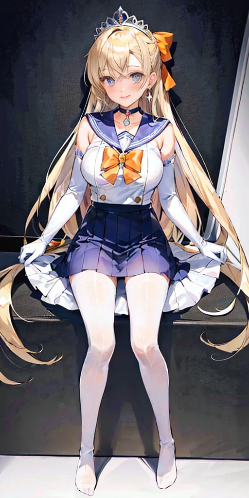 masterpiece, best quality, full body, barefoot, solo, female, big breast, masterpiece, best quality, highres, venus1, 1girl, solo, sailor senshi uniform, sailor venus, aino minako, blonde hair, magical girl, blue eyes, orange skirt, elbow gloves, tiara, pleated skirt, hair bow, orange sailor collar, miniskirt, choker, red bow, orange choker, white gloves, very long hair, jewelry, earrings, cowboy shot, smile,