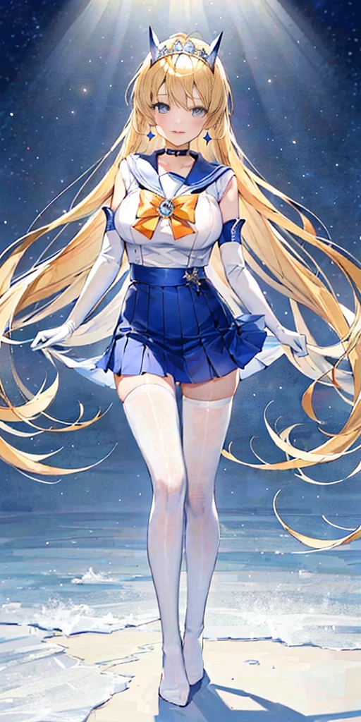 1boy and 1girl, Angle from the front,  Angle from below:1.8, (Moonlit night)、(On the roof of a building)、thighs、(shiny White skin:1.6)、blue eyes, ((Slim figure)), ( girl), (evil grin), (Shiny blonde hair)、Long hair, (forehead), Blue ribbon on chest, Big red ribbon, ((Sailor Venus))、Sailor suit、Orange pleated mini skirt、touching penis, ((kicking)), 1penis, under hair, scrotum、((eject cum)), (One leg raised)、((Amazon Position)), (The boy has his legs open)、