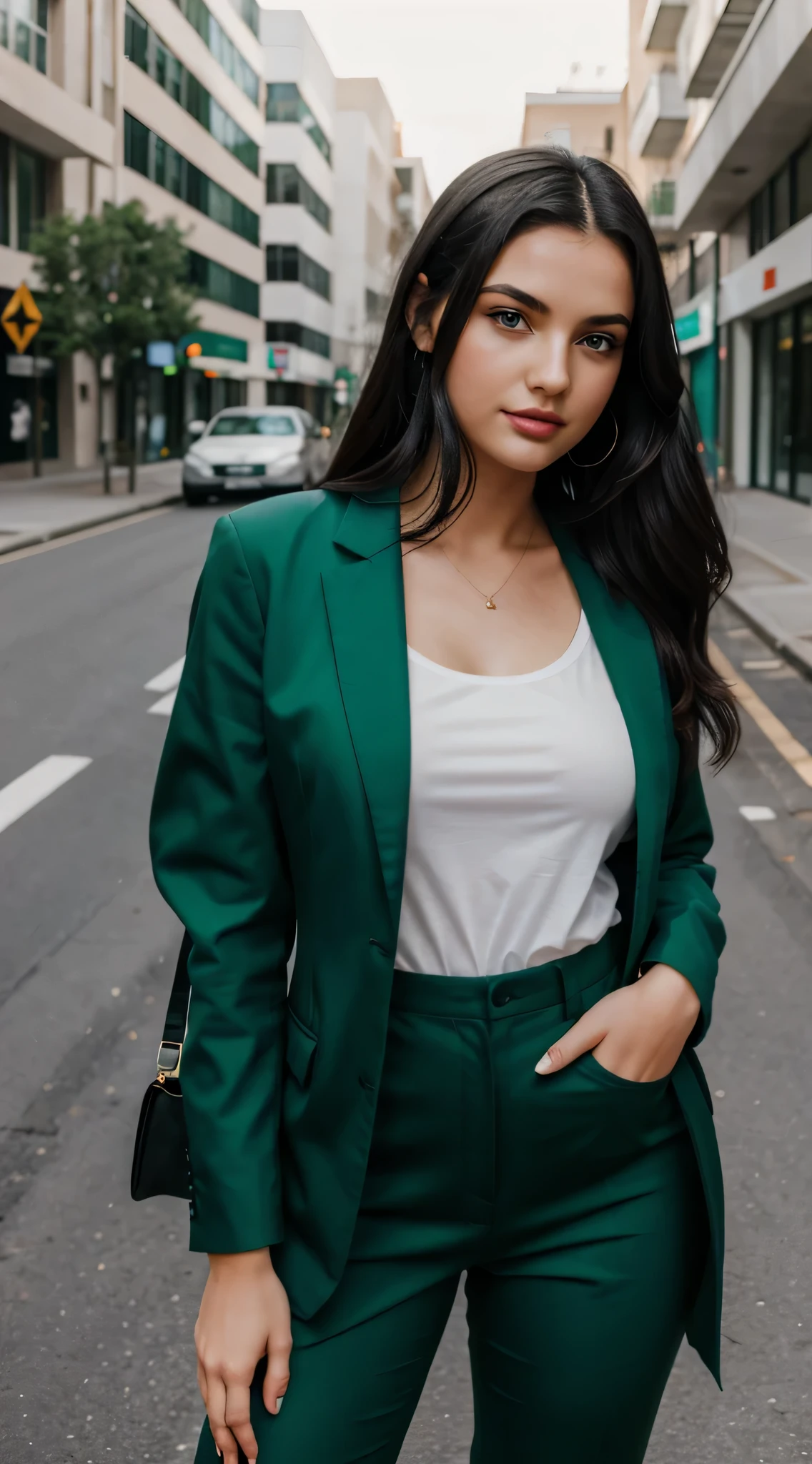 uma linda garota com um rosto angelical, Ela tem 19 anos, Longas, cabelo preto liso, e olhos verdes claros, thick sage red lips, thick sexual lips, she wears a business outfit, with black pants and a green jacket and she works for an automaker, Ela tem lindos olhos verdes brilhantes, e thick sexual lips.