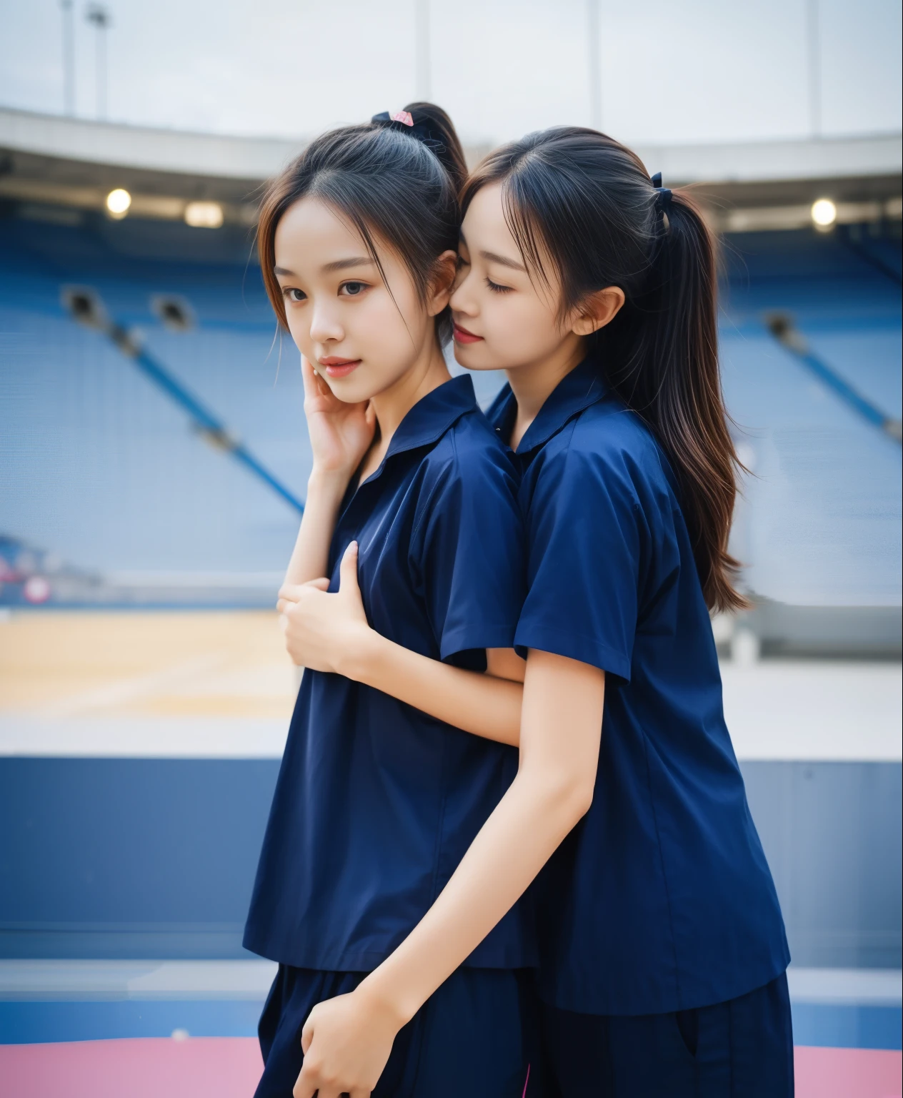 (bestquality,10,10,highres,masterpiece:1.2),ultra-detail,(Realistic,ภาพRealistic,photo-realistic:1.37),1 Cute girl in the football field,oily shiny skin,bara,light smile,BDclothelue shirt:1.3)),short sleeves,shirt, trousers.,(navy_long_ติดตามtrousers:1.1), ((Stadium Background:1.3)),dynamic angle,excited,face focus,Dynamic Poses,from behide,Ass Focus,masterpiece, bestquality, ultra realistic, hyper-detail, 8k resolution, RAW photo, crisp focus, ((Navy blue shirt:1.1)), short sleeves, เส้นทางlong, Complete bodyแบบ, 2 mature women, 18yo, cinematic light,trousersวอร์มสีน้ําเงิน,Gymware,Correct anatomy,Complete body, Correct body, sharp face, Correct bodyทางกายวิภาค, full entire body, Realistic gestures, long-haired, Realistic poses,Wear long shorts...........................................,ช่วงขาlong,Shapely,Sculpting Girl, Slender Figure, mannequin mannequins, Shapely, Beautiful body,trousersวอร์มสีน้ําเงิน, Two girls kissing, (Wear a wristwatch),(เอามือล้วงtrousers)