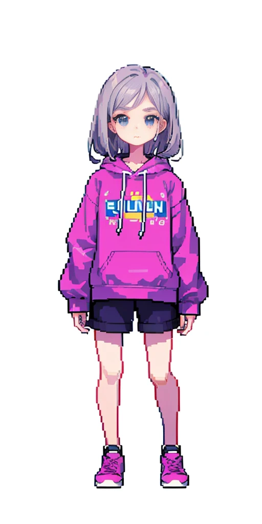 (tmasterpiece,top Quority,best qualtiy),pix,pixelart,1girll,full bodyesbian,Pink and white sweatshirt,Gray hair。