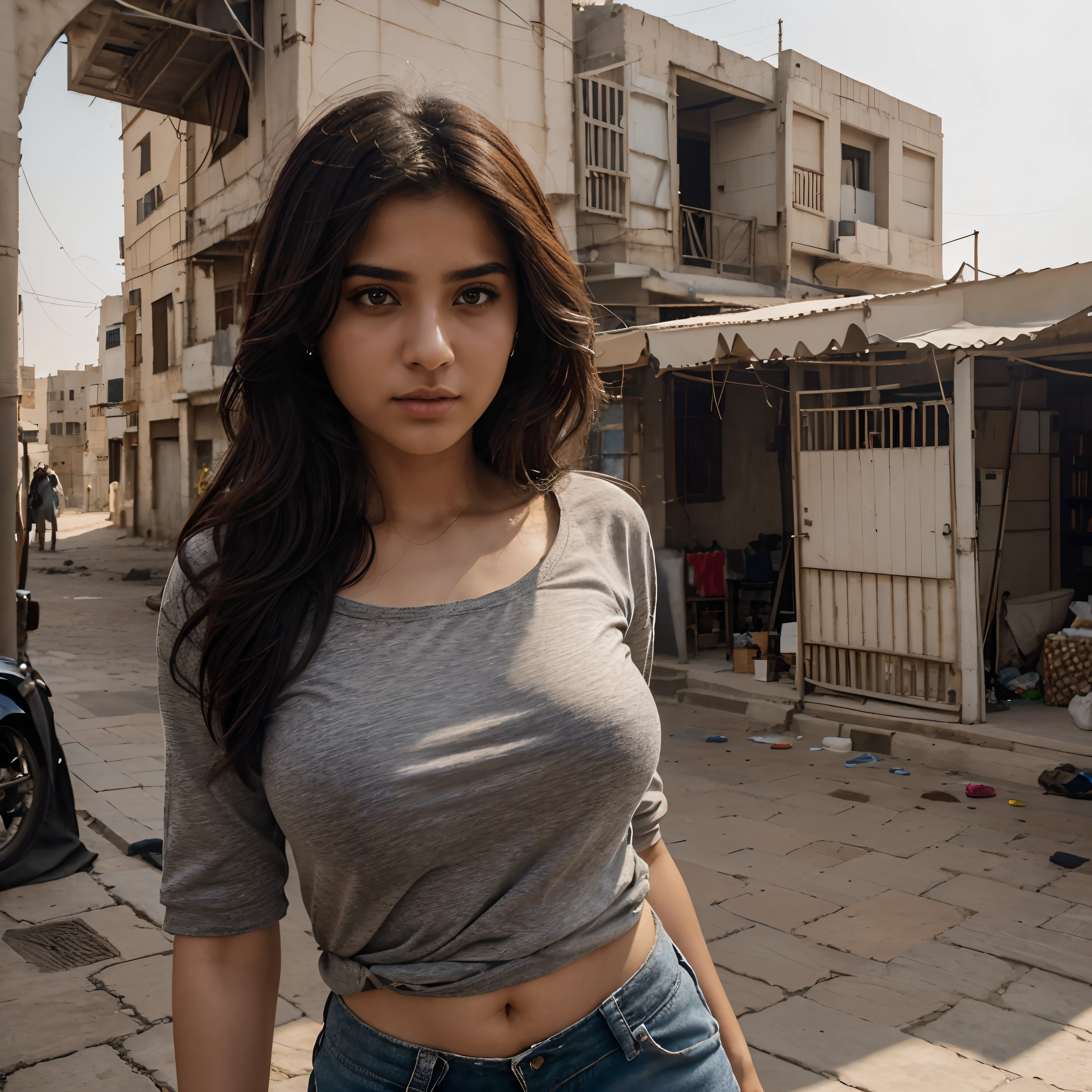 (girl:1.1)One Pakistani college girl 26 years old, beautiful girl on top of a towering building in Baghdad, (best quality,4k,8k,highres, masterpiece:1.2)gazing down at the bustling city below. Dressed in a (black short sleeves baggy style Teeshirt) basic large size Teeshirt, medium size bouncy breasts, tined figure, wearing grey jeans, she stands strong against the (wind), her gaze steady and determined. Round neck baggy half sleeve Teeshirt. 

The (architecture) of the surrounding buildings is a mix of modern and traditional, creating a unique backdrop. The cityscape stretches out in all directions, with dusty streets and winding alleys, (photorealistic:1.37)capturing the essence of Baghdad's rich history.

The assassin's (sharp focus) eyes provide a glimpse into her mysterious and dangerous world. Her (long, flowing hair) dances in the wind, creating a sense of (movement) and adding an element of drama to the scene.