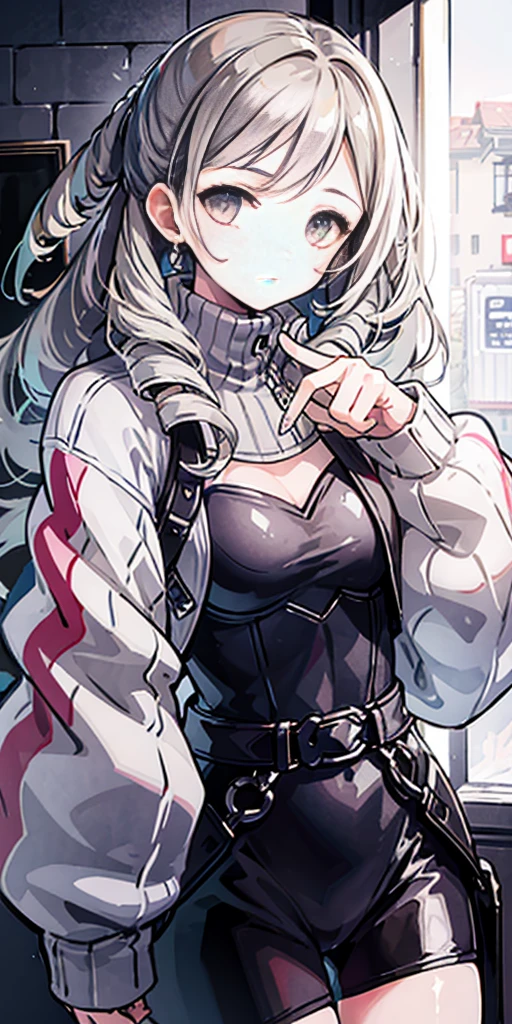 (tmasterpiece,top Quority,best qualtiy),pix,pixelart,1girll,full bodyesbian,Pink and white sweatshirt,Gray hair。