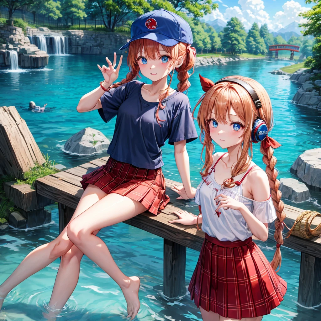 Red-blonde、Blue hair、blue eyess、Braids、poneyTail、one good looking girl、独奏、animesque、Plaid miniskirt、Black T-shirt、camisole、the woods、Walking、Wearing a plaid baseball cap、bare-legged、Tilting your face、log bridge、Doing the ribbon、have a twig、falls、Blue Topaz、Sunset sky、Wearing headphones、Stone bridge、falls壺、Waterwheel、Small fish are swimming