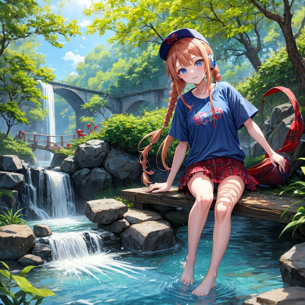 Red-blonde、Blue hair、blue eyess、Braids、poneyTail、one good looking girl、独奏、animesque、Plaid miniskirt、Black T-shirt、camisole、the woods、Walking、Wearing a plaid baseball cap、bare-legged、Tilting your face、log bridge、Doing the ribbon、have a twig、falls、Blue Topaz、Sunset sky、Wearing headphones、Stone bridge、falls壺、Waterwheel、Small fish are swimming