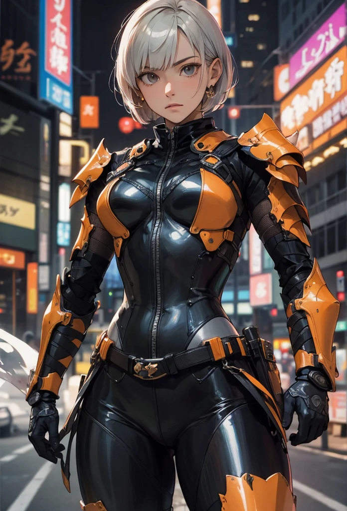 (Detailed illustrations,Very detailed and detailed drawing,Delicate lines with slow and rapid,Realistic texture expression),[Color tressed main line],[Shinjuku background at night],(ANIME) (NINJAGirl (Beautiful fece) ) well-muscled [Slim body] Short Bob Cut,([hornet] Orange Ninja Battle Armor) scarf [stall] ((Fitting rubber inner) [honeycomb] [edg]) hair adornments (Dull metallic luster:0.8),gravure [KUNOICHI],[highcontrast:0.6],(複雑でBeautiful fece装飾 [Dense detail]),(きめ細やかでBeautiful fece肌表現 [Transparency]),[完璧な目のdetaileds (Iris beautifully drawn in every detail)[Jewel-like eyes]],[長くてBeautiful fece睫毛],[Meticulously drawn hair [美しく艷やかな髪のdetaileds]],(完璧な手のdetaileds [Fingers without breakdown [Beautiful nails]]),(Perfect Anatomy(Perfectly proportioned))[[Full body like]],[[Design built to the highest level]][Ideal color coordination(Accurate simulation of light-material interactions)],([Precision Detail](detaileds,high-detail)),[Visual art that conveys a sense of narrative].