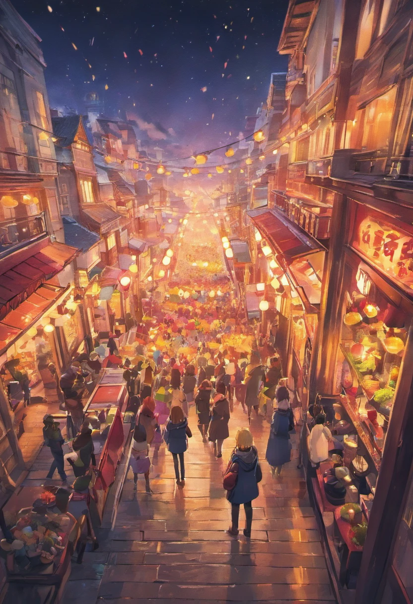 （tiltshift:1.4),new year，New Year’s Day，at winter season，Colorful midnight crossroads, fire works，Lantern，streamerest quality at best, high detal, tmasterpiece, 电影灯光, 4K, lightand shade contrast)