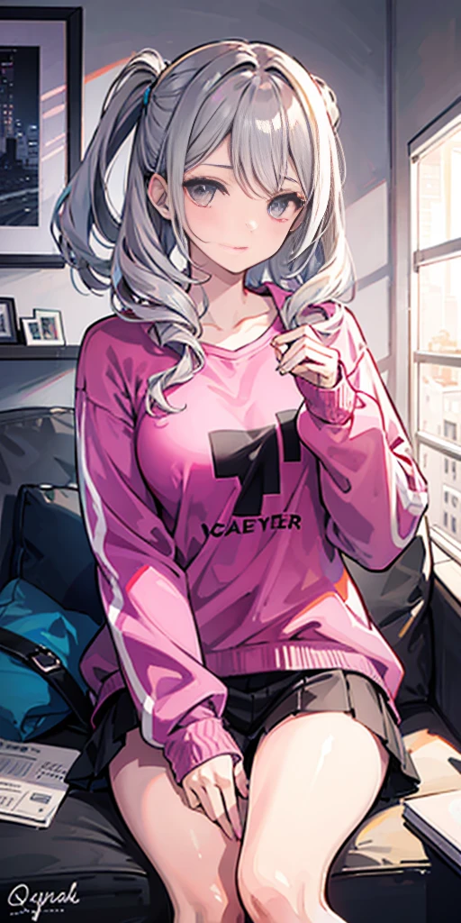 (tmasterpiece,top Quority,best qualtiy),pix,pixelart,1girll,full bodyesbian,Pink and white sweatshirt,Gray hair。