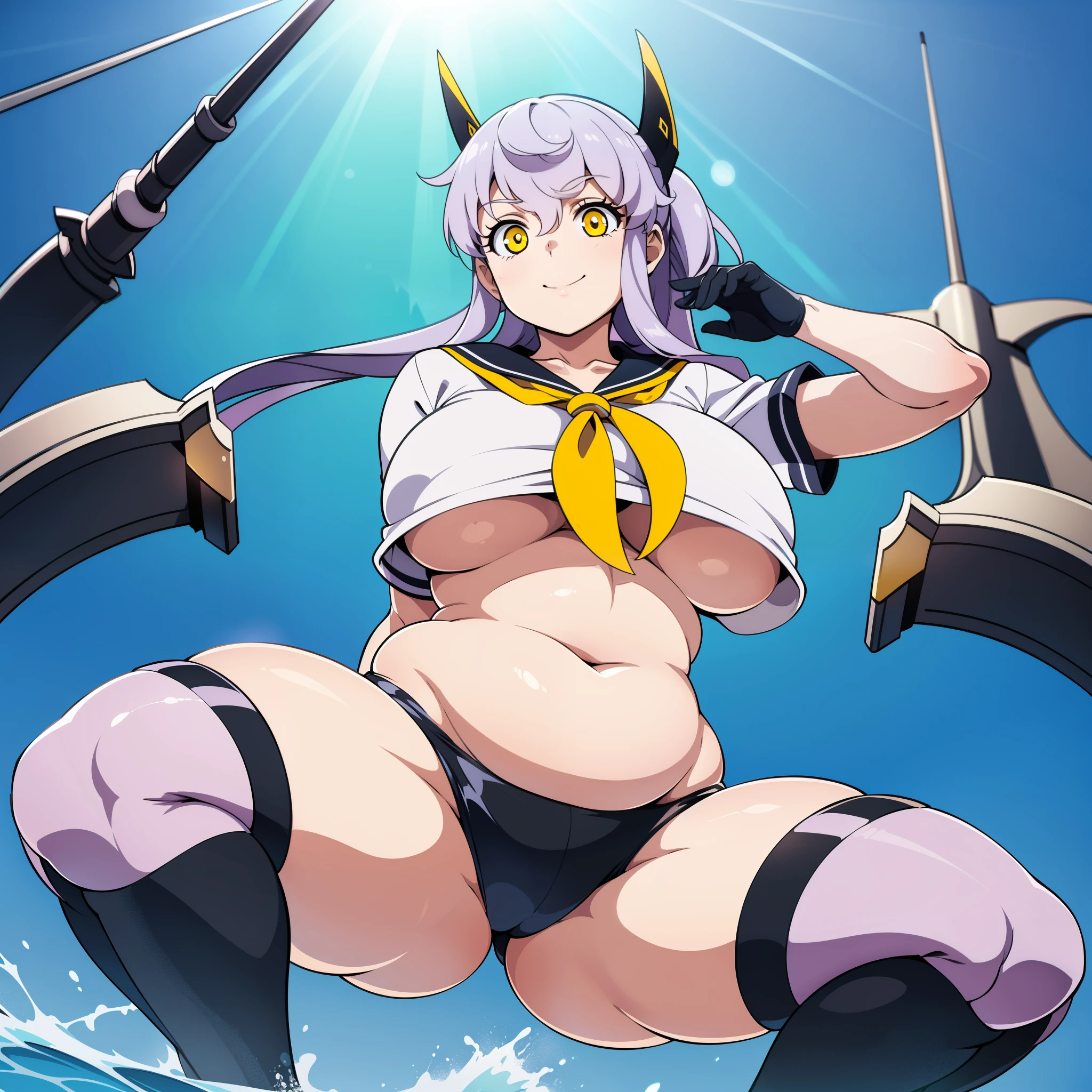 NSFW, Nude, Top-quality, Super high resolution, Anime style, masterpiece, Purifier, 1girl, solo, light purple hair, Very long ponytail, black gloves, black shorts, crop top, black and yellow hair clip, headgear, midriff, sailor collar, sailor shirt, short sleeves, yellow neckerchief, micro shorts, black sailor collar, thigh boots, (Big boobs, Voluptuous, Plump, Chubby:1.2), Thick thighs, Big ass, yellow color eyes, Eyes are glowing, Beautiful eyes, wide-eyed, Smirk, cowboy shot, Fullbody, Looking at viewer, From below, Spread legs squat, On the sea, Blue sky