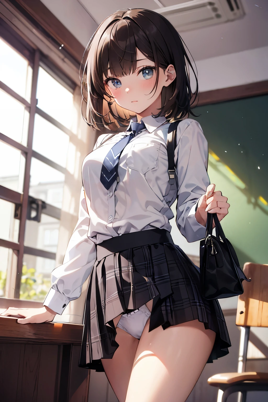 (top-quality、in 8K、32K、masterpiece、nffsw、超A high resolution、Impresionismo、Photorealsitic:1.2)、cowboy shot、foco nítido、The detailed face and eye rom are as follows、inside in room、atlibrary、beauitful face、blurry backround、Sharp pupils、Realistic pupils、school ground、beauitful face、blurry backround、18 year old beautiful girl、shinny skin、Bery short hair、Beautiful dark brown hair、Blunt bangs、Dark blue eyes、Shirt、neck tie、Plaid miniskirt、Black socks、(Have a skirt、Lifting skirt、I can see the white panties:1.3)、(Embarrassed look:1.2)、Mel Kishida