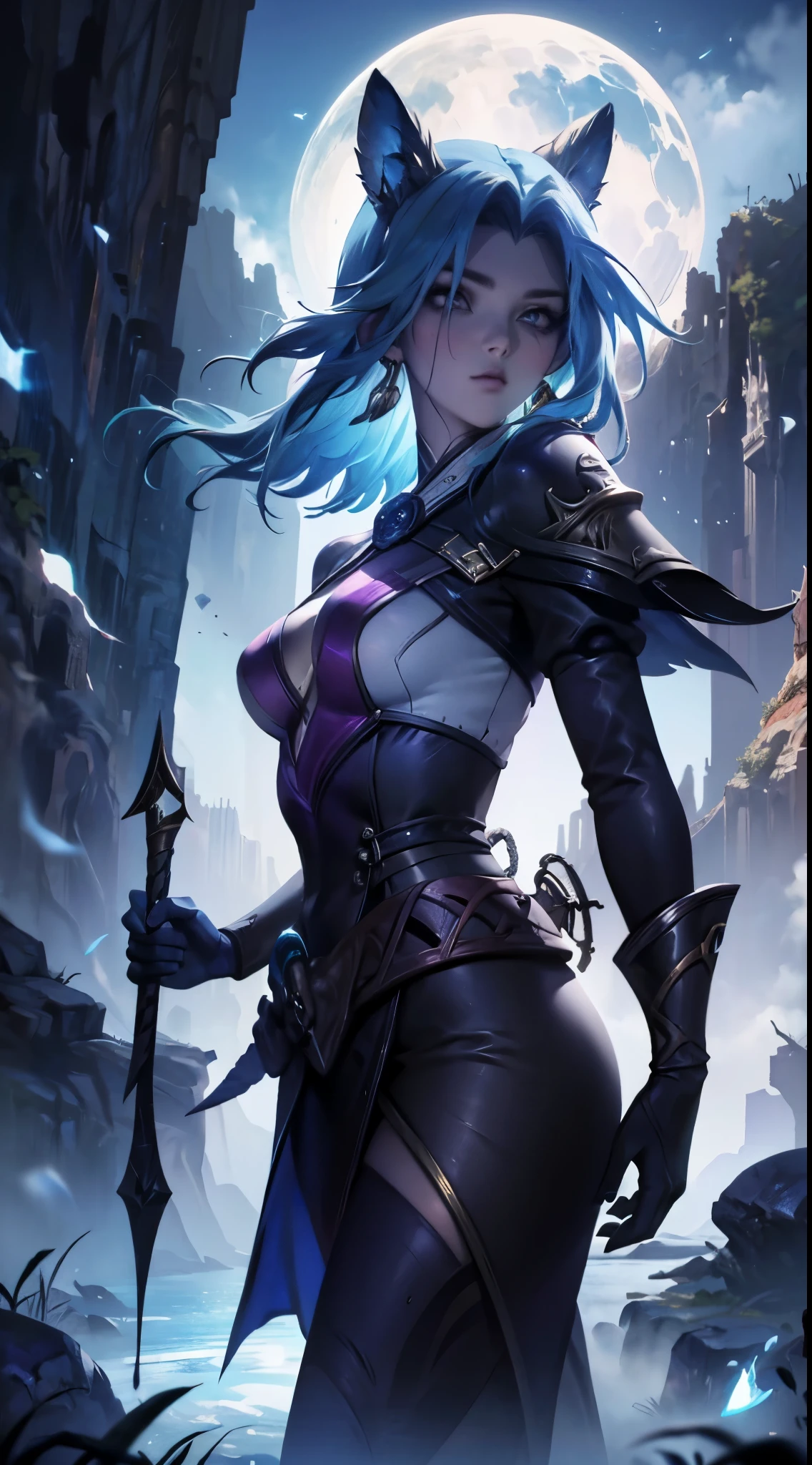 (La mejor calidad,A high resolution,Ultra - detallado,actual),a girl, Un cuerno en la frente, Luna en el fondo, Largo de pelo, Un hermoso fondo,,(hermosos ojos azules), (fondo piedras grandes negro:1.4) , (pose vaquero ), (realistic) ,Arte detallado de alta calidad 8K, Fanart Mejor ArtStation, Fantasy art style ,