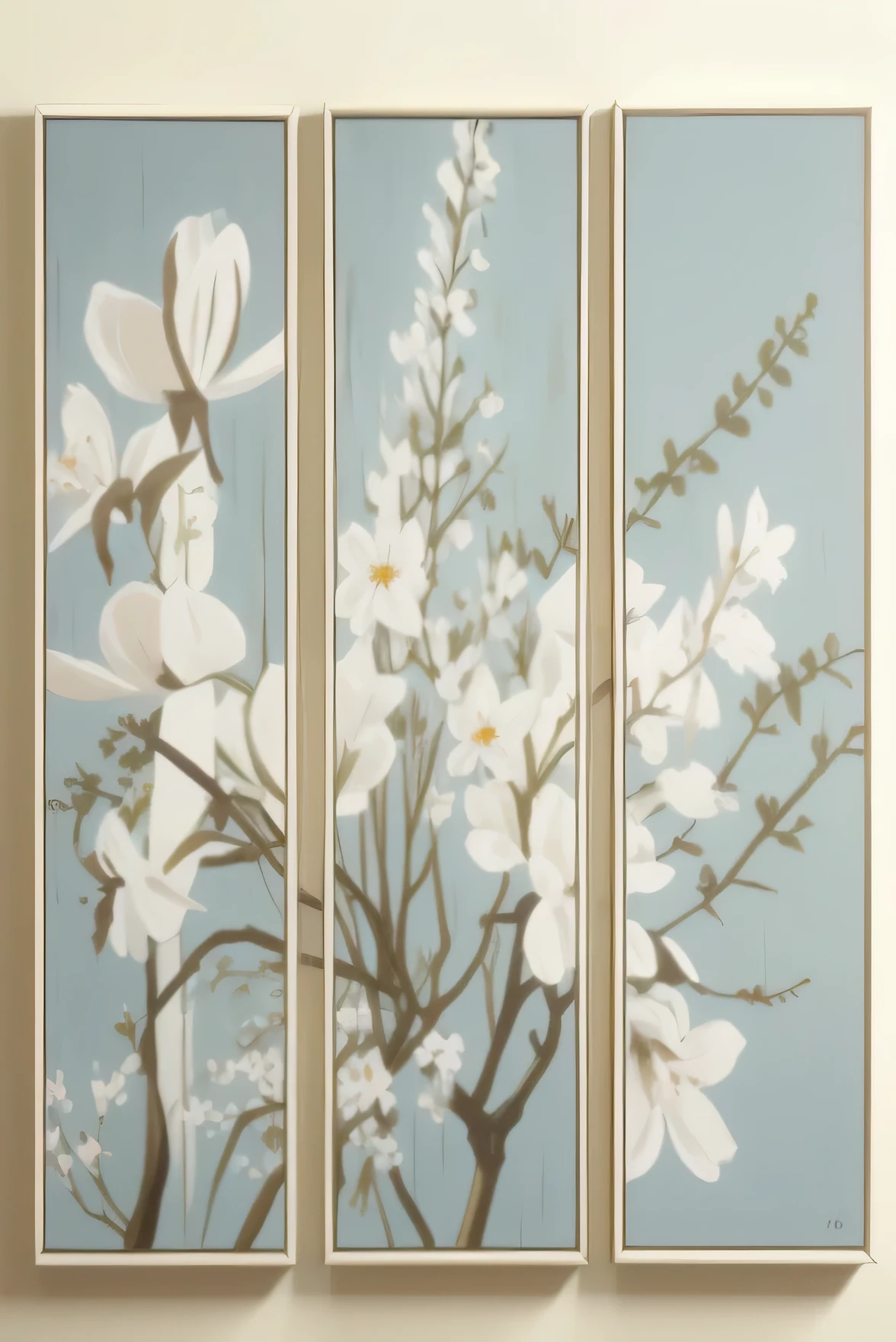 three Draw one of white flowers on a blue background with a butterfly, Canvas art, artistic décor, Wall of art, White flowers, large opaque flowers, Draw one, botanical artwork, Beautiful photo frame, botanicals, pastel artwork, Canvas art print, Cream and blue color scheme, nacre painting, blooming flower, meticuloso, print, Canvas painting, magnolias