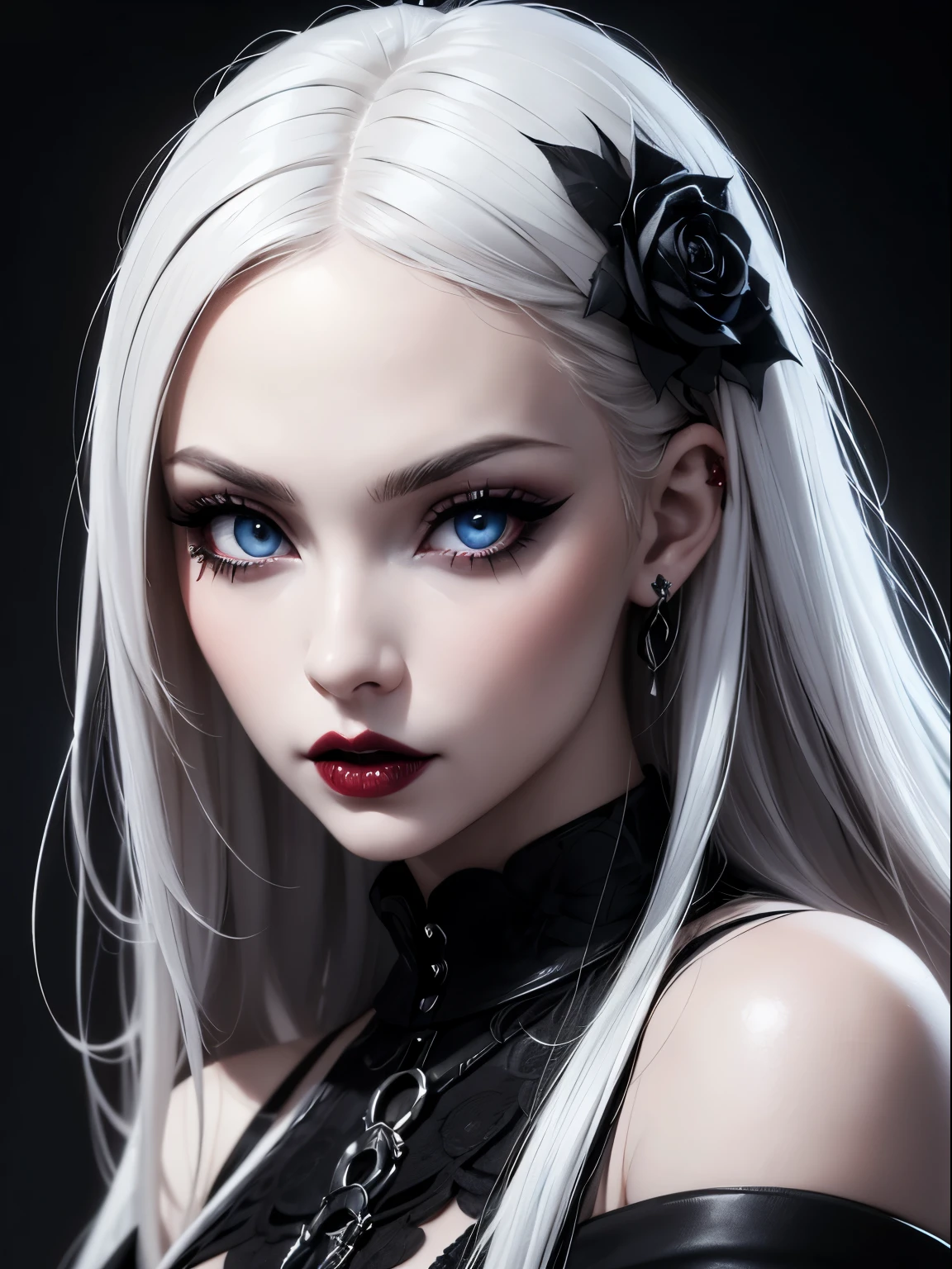 (best quality) (close up) (headshot) beautiful gothic woman with snow white skin blond hair showing black roots with a center part hair and ice blue eyes wearing black lip stick and black makeup with tattoos, looking over shoulder, HDR, 4K, 3D