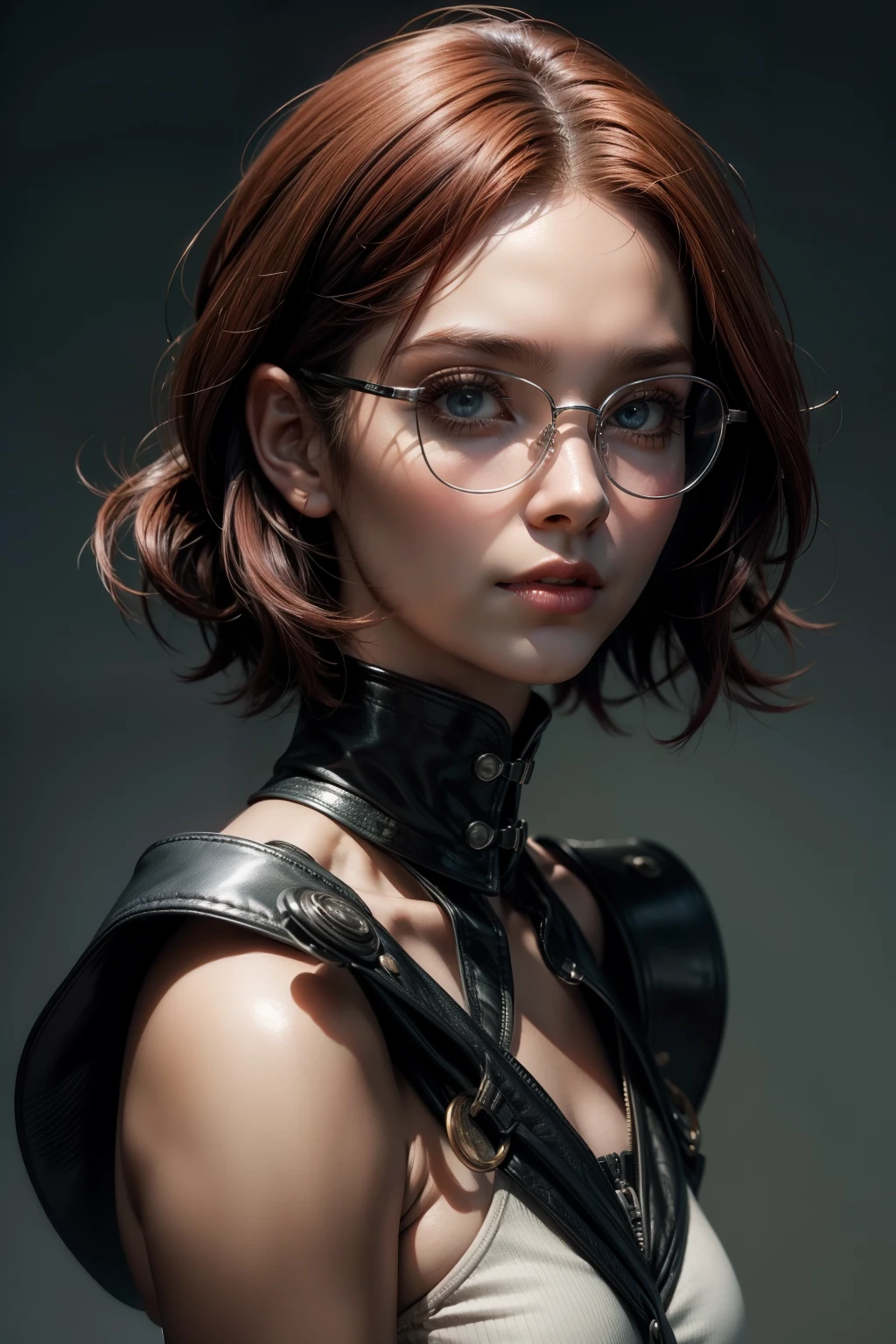 Mulher de 50 anos, short hair, red hair, Silver Glasses, question face, madeiras verdes envoltas na luz do sol, gradiente, estilo fotorrealista banhado em tons de bege, from a panoramic perspective, beautiful romantic gesture, Extra-Detailed Dark Fantasy Sketch Art, Posar, strong facial expression, No estilo de Tom Bagshaw e Charlie Bowater, film noir aesthetic, fundo bege, azul, Minimalista, elegante, moderno, graph design, Vibes Feminino 50s, cabelo preto curto, Colar de gargantilha , friendly face, Various expressions and poses Character Model Sheet