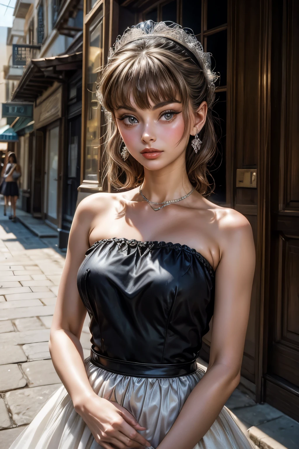 mari02 face, hair in the wind, detailed eyes, modern strapless Prada dress, focus on breasts, nikon d850, film, stock photography, 4 cameras kodak portra 400, lens f1.6, rich colors, hyper-realistic, realistic texture, dramatic lighting, unreal mechanism, trend in artstation, cinestill 800, fisheye lens, Eiffel tower in the background