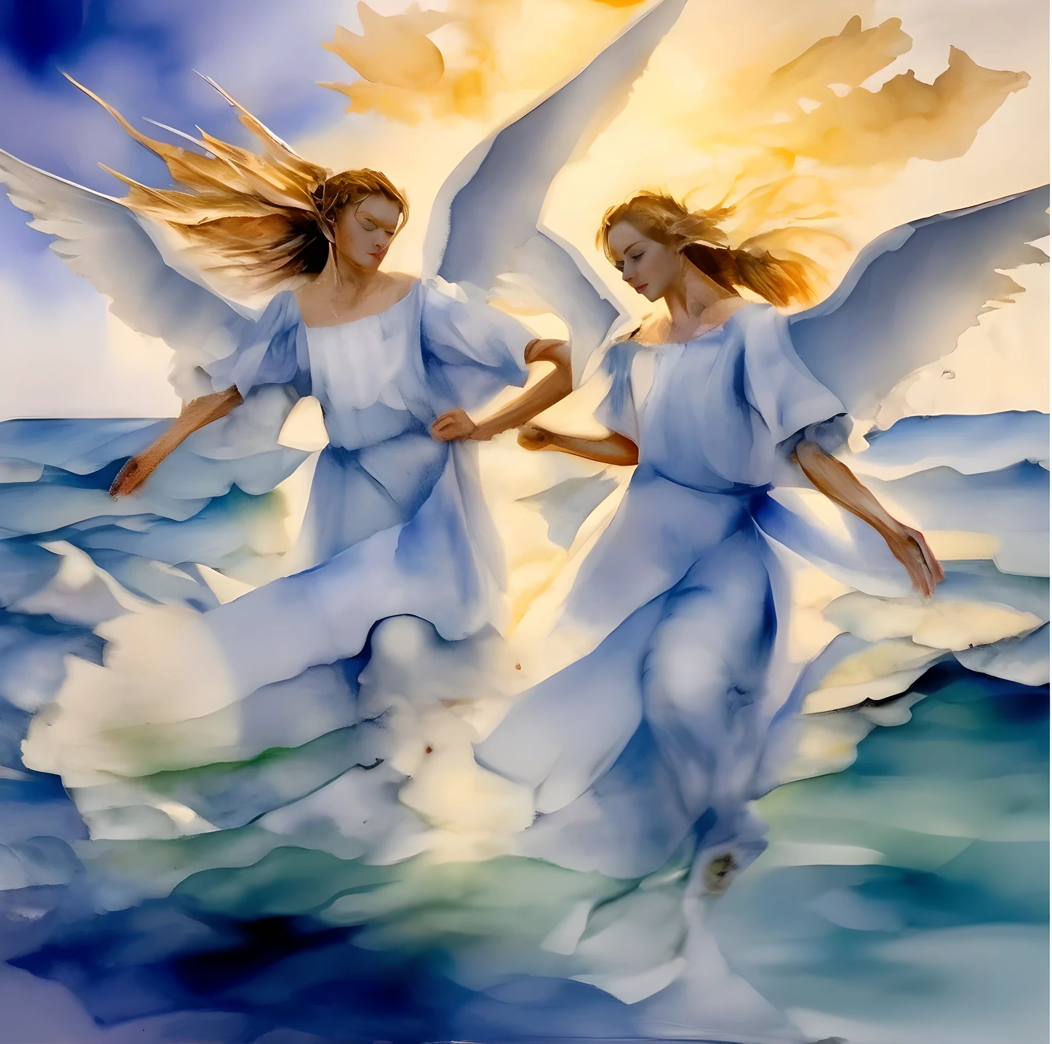 picture of two angels in white dresses, flying over the ocean, 2 Angel, Angel, Angel в белых газовых платьях, Angel в небе, full of pictures of angels, летающие Angel, Angel, библейски точные Angel, Beautiful Gemini: Good and Evil, Angel, Nene Thomas, inspirational Evelyn De Morgan, Angel, красивая Angel, Twin souls