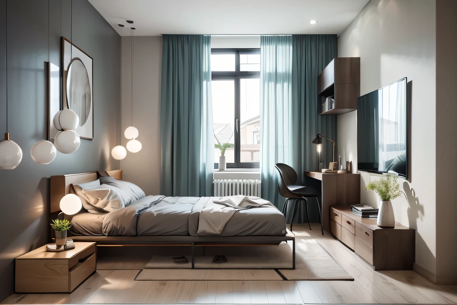 Color Scheme: Primary Colors: Utilize neutral tones such as white, gray, or light brown for the overall space to create a sense of cleanliness and spaciousness. Distinctive Colors: Apply one or two bold colors like red, deep blue, or dark green as accent colors, for instance in pillows, curtains, or decorative materials to create focal points and harmony in the space. Layout and Design: Open Space: Create an open layout, combining the living room and kitchen in a cohesive and logical way to optimize the space. Modern Design: Use furniture with creative lines, simple and intelligent designs, emphasizing a high degree of modernity. Decoration and Highlights: Diverse Furniture: Incorporate unique furniture and decor, from sofas, dining tables, decorative lights to details like pillows and curtains, aiming for a harmonious blend while maintaining uniqueness. Lighting Design: Implement modern LED lights or ceiling lights to create focal points and a warm ambiance in the space. Combining impressive color schemes, an open layout, and modern design will result in a spacious, bright, and impressive living room and kitchen area with a unique modern style.
