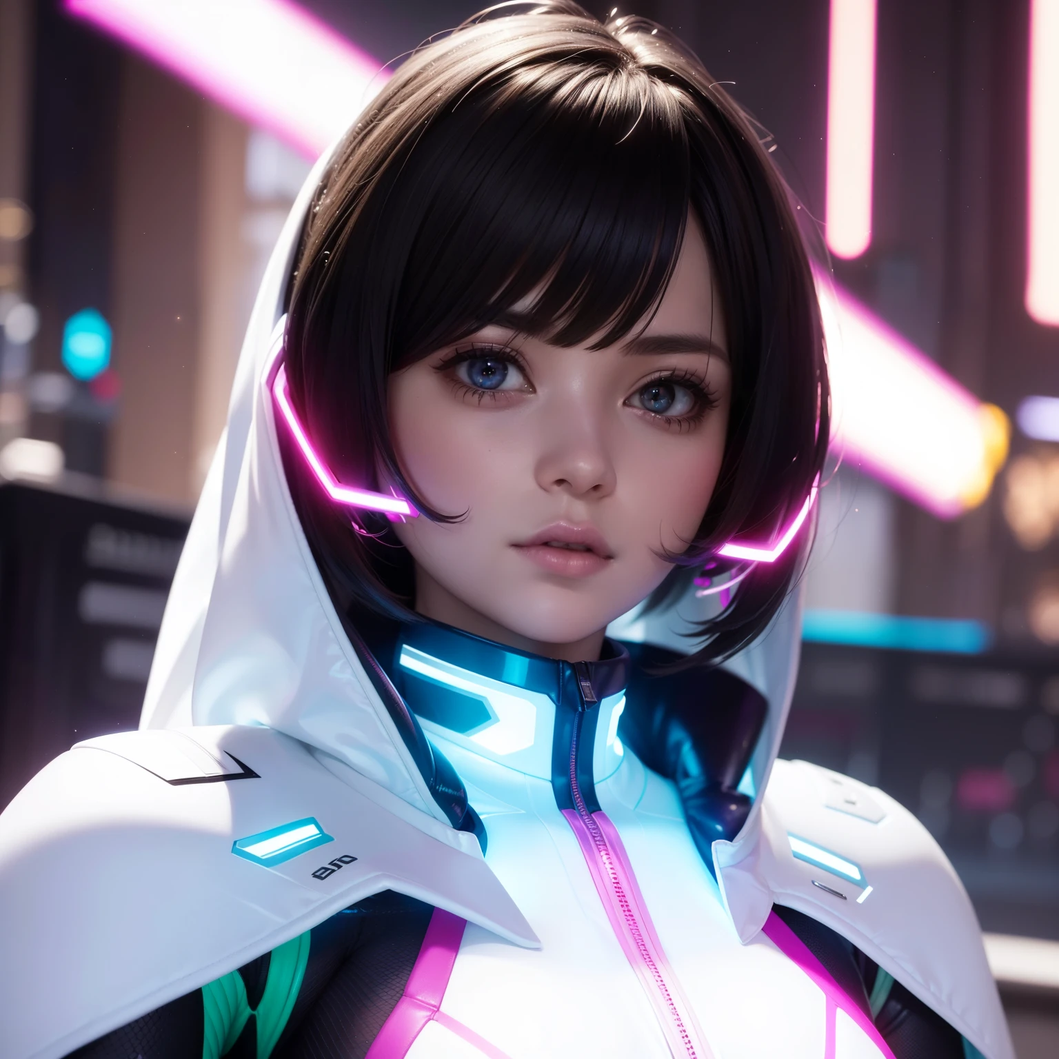 Bust to waist ((perfect face)) perfect skin, hyperrealistic masterpiece, Superheroine girl ((fringe glowing colorful)) in extremely complex & superdetailed tight plugsuit ((with white cape)), cinematic illumination: 8k, (((ominious aesthetic style::1)))