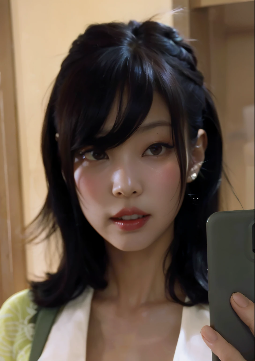 there is a woman taking a selfie in a mirror, Menina anime na vida real, O corte Hime, taken in the early 2020s, preto hime corte cabelo, 19-year-old girl, com cabelos curtos, Ela tem cabelo preto com franja, Yata Hana, 18 anos, Ayamin Kojima, Ayaka, imagem vazada