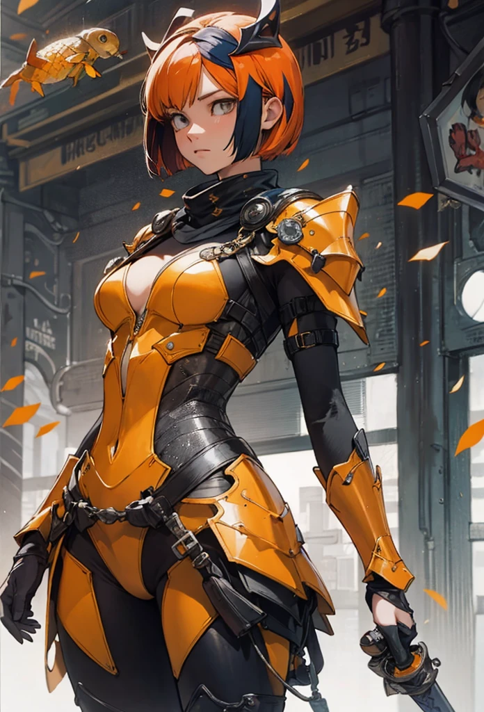 (Detailed illustrations,Very detailed and detailed drawing,Delicate lines with slow and rapid,Realistic texture expression),[Color tressed main line],[Shinjuku background at night],(ANIME) (NINJAGirl (Beautiful fece) ) well-muscled [Slim body] Short Bob Cut,([hornet] Orange Ninja Battle Armor) scarf [stall] ((Fitting rubber inner) [honeycomb] [edg]) hair adornments (Dull metallic luster:0.8),gravure [KUNOICHI],[highcontrast:0.6],(複雑でBeautiful fece装飾 [Dense detail]),(きめ細やかでBeautiful fece肌表現 [Transparency]),[完璧な目のdetaileds (Iris beautifully drawn in every detail)[Jewel-like eyes]],[長くてBeautiful fece睫毛],[Meticulously drawn hair [美しく艷やかな髪のdetaileds]],(完璧な手のdetaileds [Fingers without breakdown [Beautiful nails]]),(Perfect Anatomy(Perfectly proportioned))[[Full body like]],[[Design built to the highest level]][Ideal color coordination(Accurate simulation of light-material interactions)],([Precision Detail](detaileds,high-detail)),[Visual art that conveys a sense of narrative].