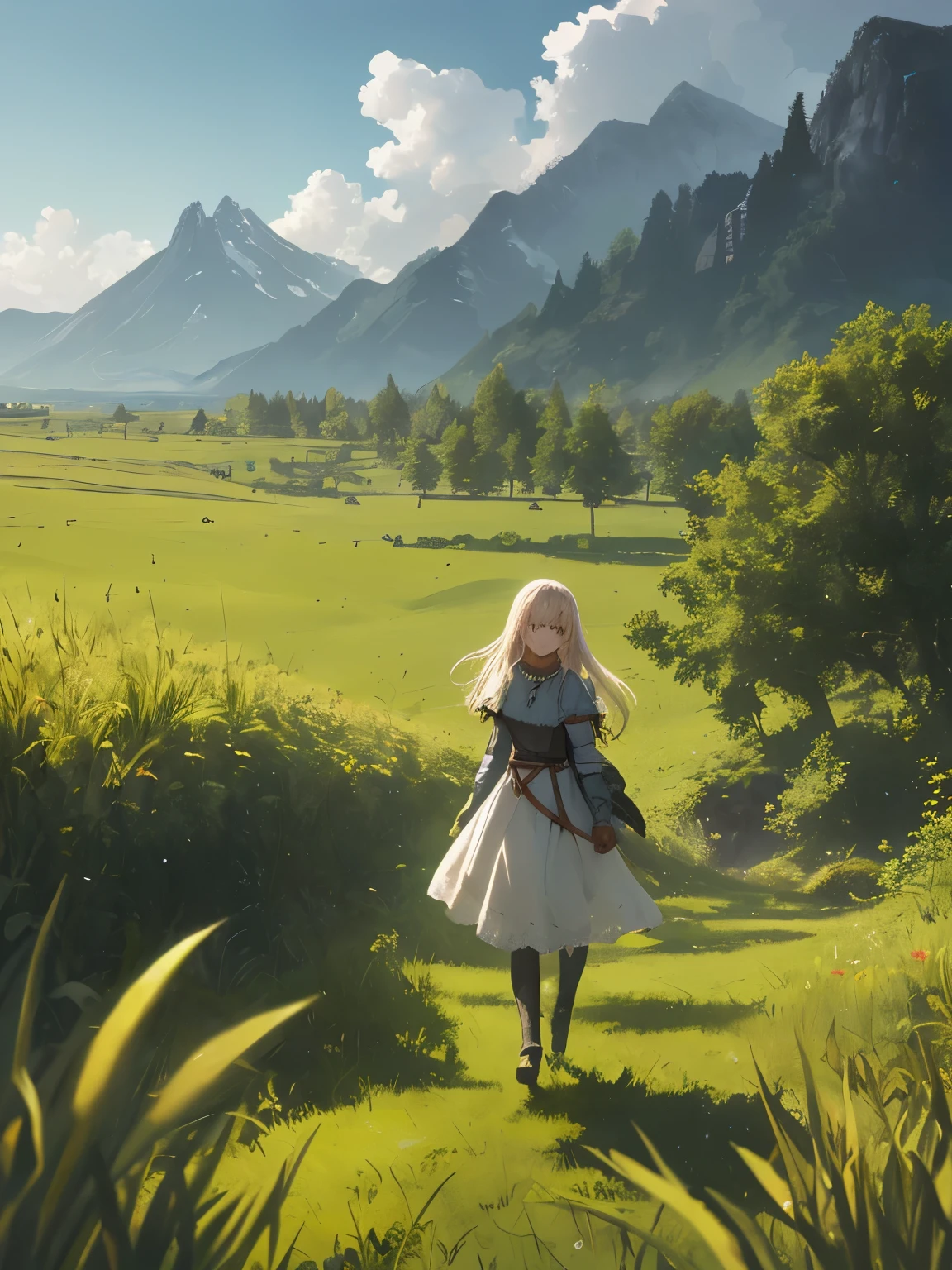 In a green meadow stands a girl leading a group of knights.
BREAK
With a brave expression, she guides them towards their destination.
BREAK
Behind her, a green forest stretches out and beyond that, mountains rise in the distance.
BREAK
The most suitable effect for this scene would be a watercolor painting technique to capture the softness of the meadow and the fluidity of the movement.