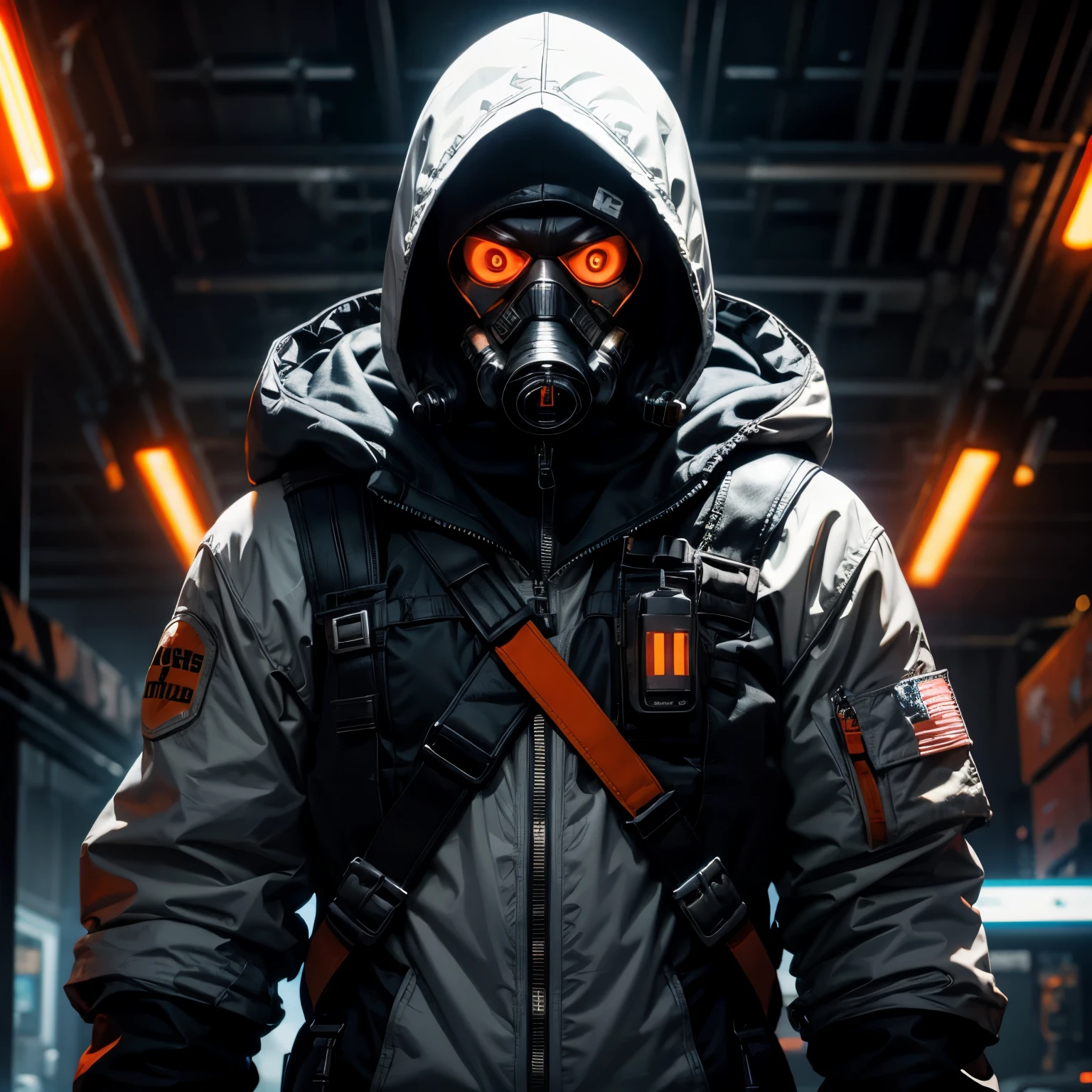 A man with gas mask with neon lights, looking at the viewer, side eye, white hood, gas mask, gas mask orange lights, X-shaped eyes, X-shaped eyes glowing orange, black gloves, white hood, bloodstained clothes, white clothes with blood, white coat, white vest