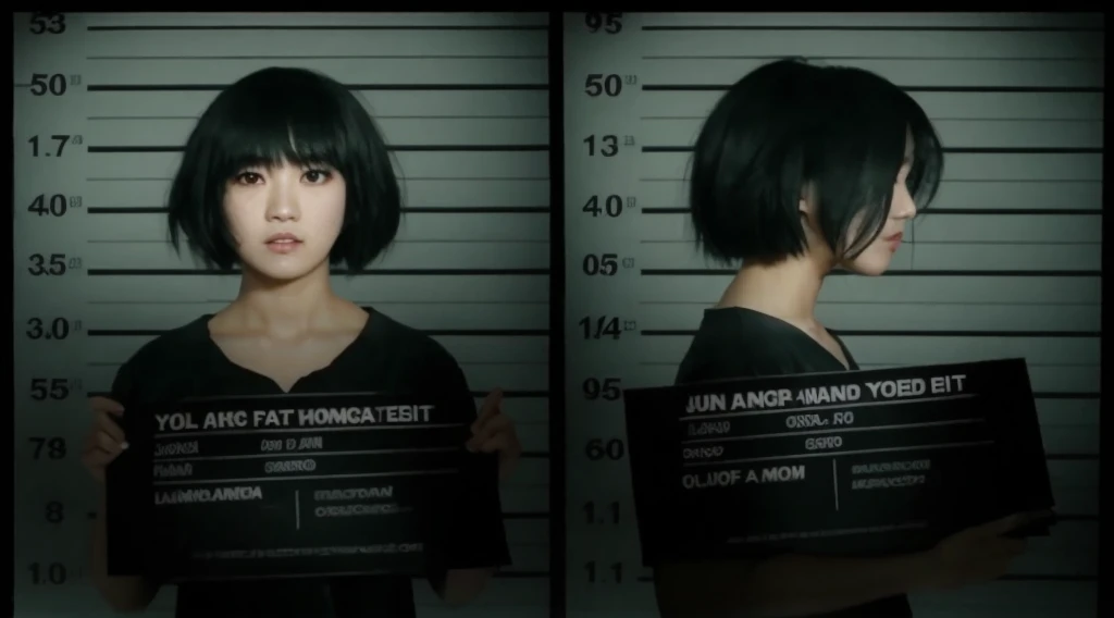 a close up of two mug shots of a woman holding a sign, June Park Inmate Arrested, mugshot!!!, mugshot!!!!!, still from a live action movie, she has black hair with bangs, japanese live-action movie, screenshot from a movie, styled like ghost in the shell, park shin hye, squid games actress. Young age Asian girl. Soft young sweet and innocent girl.