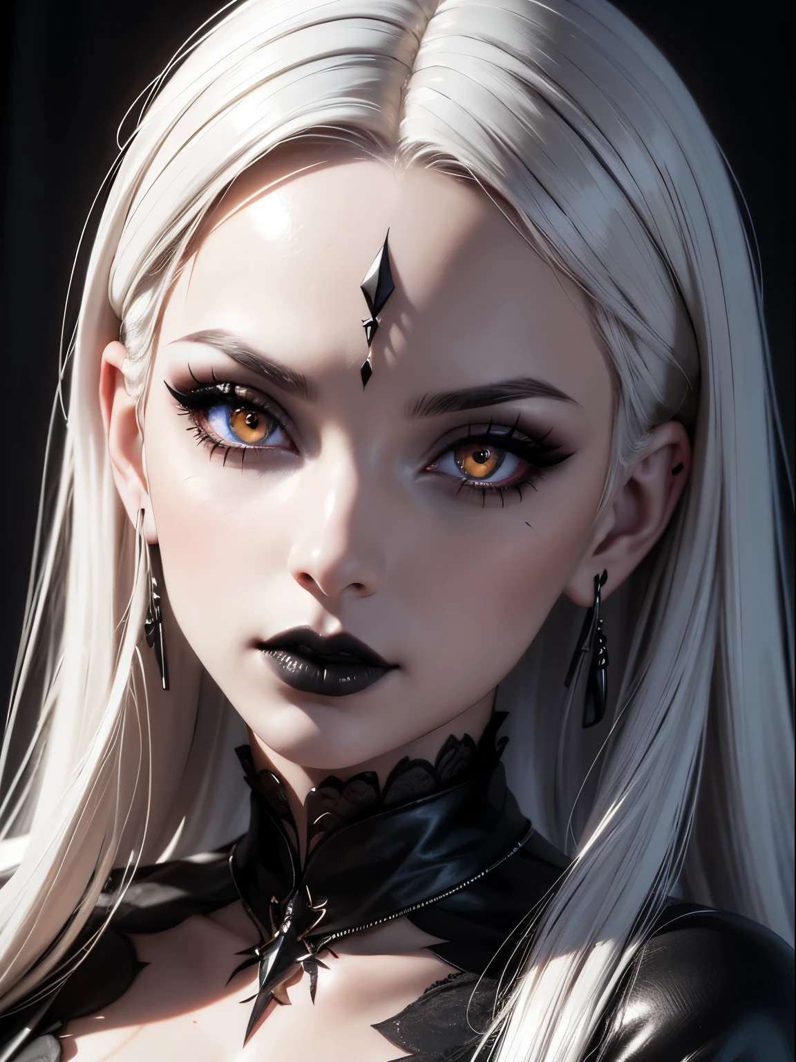 (best quality) (close up) (headshot) beautiful gothic woman with snow white skin blond hair showing black roots with a center part hair, (black roots) and glowing amber eyes wearing black lip stick and black makeup with tattoos, looking over shoulder, HDR, 4K, 3D