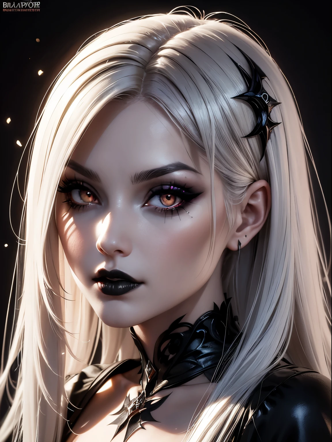 (best quality) (close up) (headshot) beautiful gothic woman with snow white skin blond hair showing black roots with a center part hair, (black roots) and glowing amber eyes wearing black lip stick and black makeup with tattoos, looking over shoulder, HDR, 4K, 3D