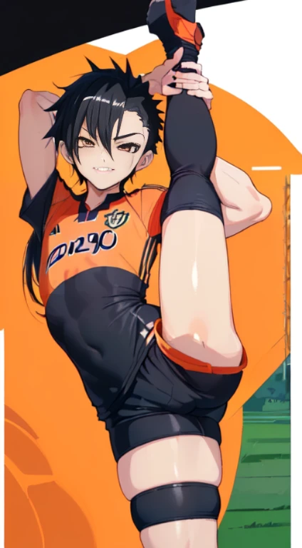(((superfine illustration,hight resolution, masutepiece, best qualtiy,Best Quality)))、hightquality, detaileds, (A ),12 years oace striker with a super cute face,A boy as beautiful as Planding, Cool handsome face with smile, soccer spike, Long legs, thighs thighs thighs thighs, Foots, Bulge, (Black hair、Spiky hairstyle)、Shiny hair, (tight shiny orange soccer uniform suit), (tight and shiny soccer shorts), (Soccer Socks), tussock, Cool pose, (厚いthighs thighs thighs thighs、Seduce your big ass to your crotch)、(((soccer field in the park:1.2)))、((cocky、))、Smirk、(((standing split:1.4))),Ultra-fine painting, (Best Quality, 4K, 8K, hight resolution, masutepiece),((detailedsな目))、kawaii eyes、I-shaped balance、raise leg、(((Accurate leg expression:1.4))),