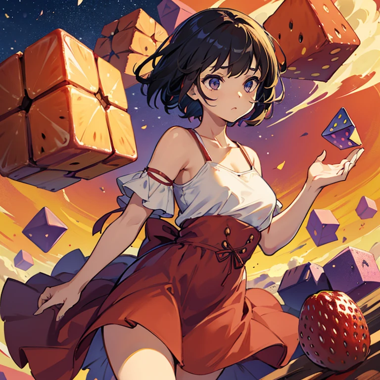 Low flying short hair girl covered in boiling large strawberry cake armor serving a large purple sweet potato jam、Amazing dynamism、Amazing Angle、unstable buoyancy sandstorm、(((Lots of friendly oversized fruit cubes floating around and chasing you)))、((surround each other&#39;milk cube))、