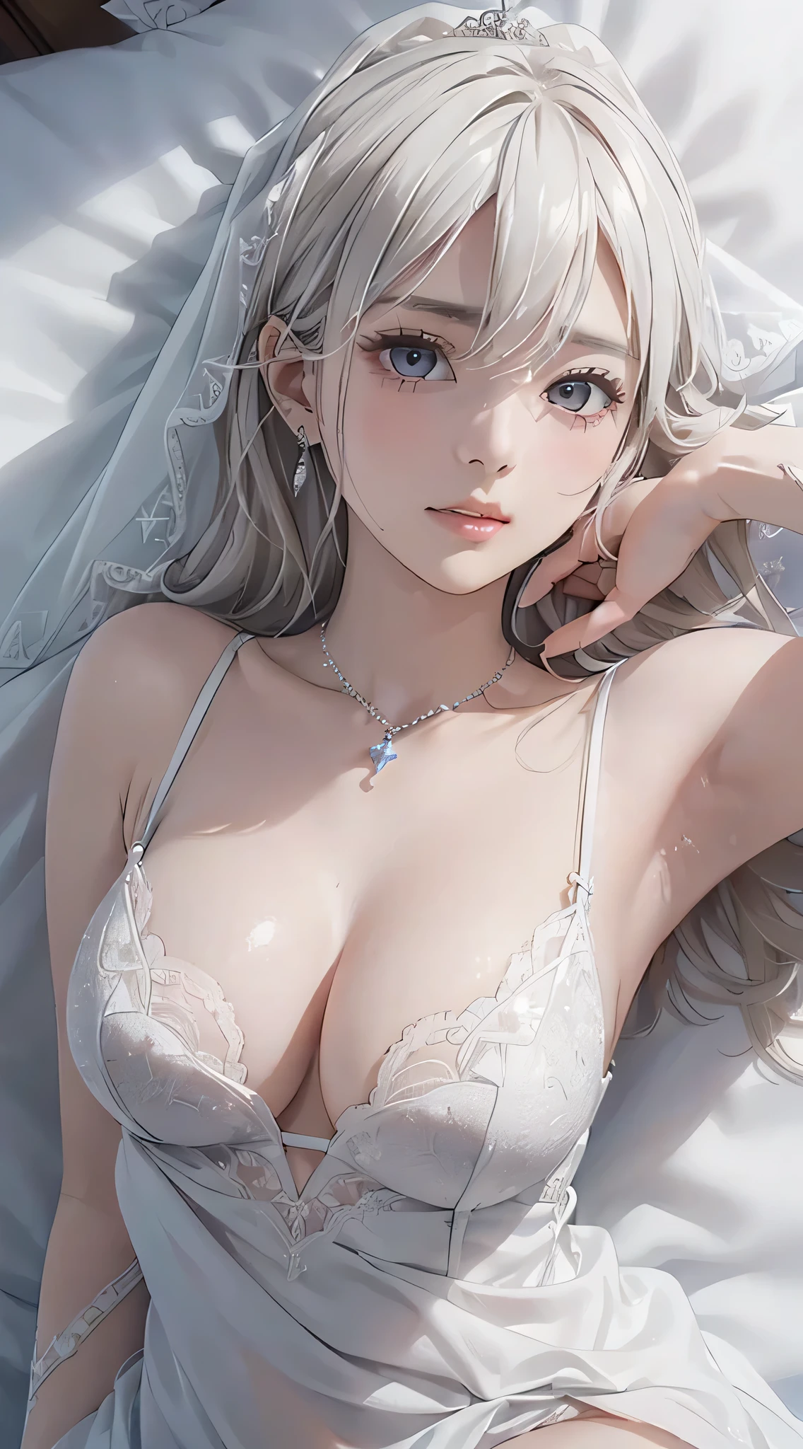 (masutepiece: 1.3), (max resolution: 1.2), (Ultra HDTV: 1.2), cinematric light, 8K resolution, Detailed eyes and skin, detailed facial features, , (Sharp Focus: 1.2), (Focus on Face:1.2),Perfect Style, Beautiful face, acurate, Anatomically correct, ノ Highly detailed facial and skin texture, Detailed eyes, Double eyelids, Thin eyebrows, Glitter Eyeliner: 1 Natural cheeks, Glossy skin, Fair skin: 1.2, (Glossy lips: 1.4),、 (Shy look: 1.2),Highly detailed facial and skin texture, Detailed eyes, Double eyelids, Natural cheeks, , shiny lips: 1.4,Exposed cleavage、Sperm taken、Overflowing sperm、Flowing sperm、 red blush、humiliated、impatience、dismay、Frightened、glares、Sexually arousal、Provocation、embarrassed from、Open knees、open one's legs、 White underwear、White bra、Shiny little earrings and necklaces、Disheveled clothes、Dressing、Exposed panties、Wearing sweat、sodden、Sheer underwear、Stockings、 23 instars, Neat and clean woman,1 persons、 upturned breasts, Bedroom、deep in the night、sexy pose、White-silver hair、a blond、A dark-haired、Blue ash eyes、Green ash eye,(weddingdress:1.6)、veils、glares表情、, (on back, laying down on the bed, lyin in bed, Lying down, White sheets:1.3)、Touching the bra、Masturbation behavior、