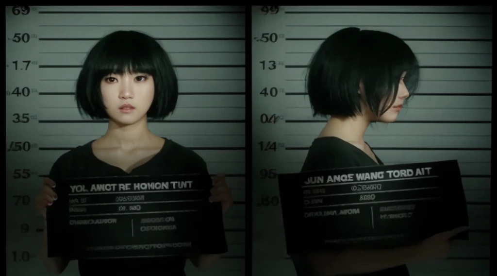 a close up of two mug shots of a woman holding a sign, June Park Inmate Arrested, mugshot!!!, mugshot!!!!!, still from a live action movie, she has black hair with bangs, japanese live-action movie, screenshot from a movie, styled like ghost in the shell, park shin hye, squid games actress. Young teenage Asian girl. Soft young sweet and innocent girl.The 8k quality、Top image quality、超A high resolution、masterpiece、Photorealsitic、1 girl in、Facial expressions asking for help、Trendy makeup、bob cuts、Trendy tight black T-shirt 、ciinematic light、The protagonist、the fear、Super Slende、Dynamism、Magic Hour、Feel the beginning of the story、Only the protagonist is looking at the camera、Spotlight only on the protagonist、The best looks in the world
