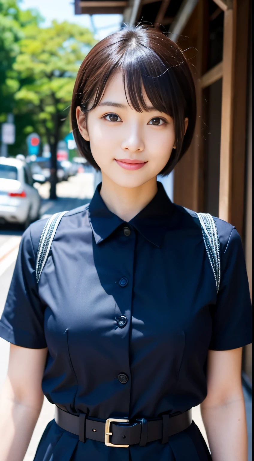 top-quality, masutepiece, 超A high resolution, (Photorealistic:1.4), Raw photo, A highly detailed, perfect anatomia, Ultra-detailed, 1girl in, 18year old, most famous japanese actress in japan, Grinning, Wearing official Japanese police uniform, Running down Hiroshima&#39;s main street, Very beautiful face like the most popular Japanese actress in Japan, very beautiful big black eyes, very beautiful black and round eyes, very beautiful black short cut hair, Detailed Japanese female police uniform, Detailed information on Hiroshima&#39;s main street, Detailed beautiful face, detailed beautiful big black eyes, Detailed beautiful black solid circle eyes, Detailed beautiful black short cut hair
