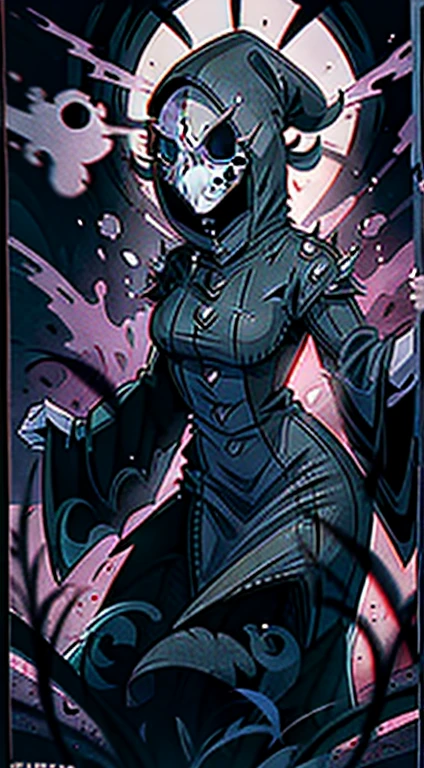 Boogeywoman 1girl, corvo, Black leotard, Black cape, Hood, cabelo roxo, forehead jeemel, Purple eyes, short hair, Belt, Pele apertada, Standing, clivagem, Tonificado, Breasts, Posar, Noite, luar, ((position lines, torso, upper Body, retrato, B&em. contorno,