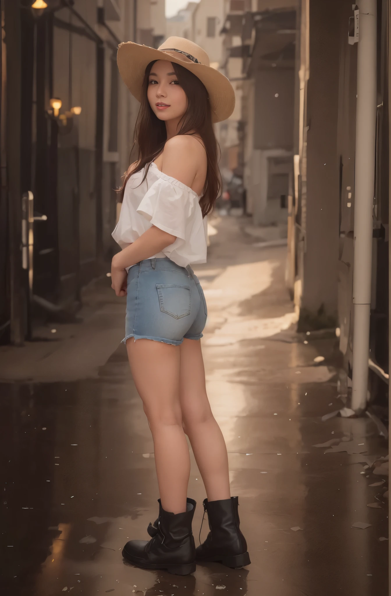 masutepiece, Best Quality, Illustration, Ultra-detailed, finely detail, hight resolution, 8K Wallpaper, Perfect dynamic composition, Beautiful detailed eyes, Off-shoulder t shirt and denim mini shorts,Bob Hair, mid-chest, Natural Color Lip, Random and sexy poses,Smile,20 years girl Colossal tits、nightclub、sheer body stockings、