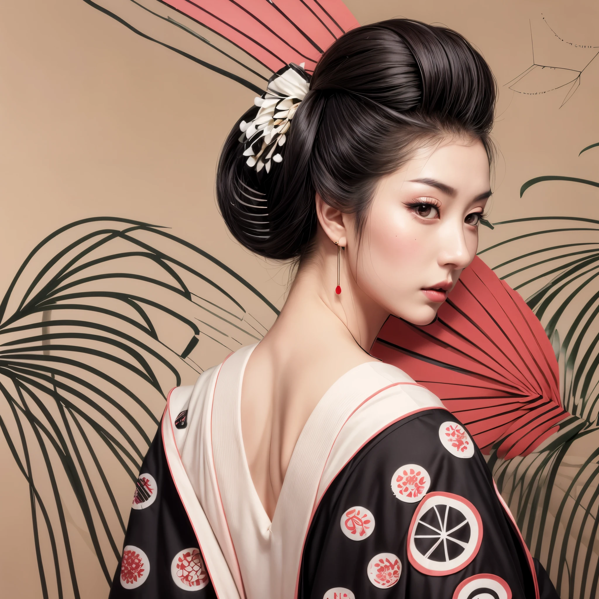 A beautiful Japanese geisha with black hair, beautiful lips, silky skin, beautiful eyes, slightly pink cheeks, with an ornament in her hair, wearing an earring, wearing a black kimono (clothing) open at the back and decorated with details of white lotus flowers, on her back, looking behind her shoulders in a sensual way, and in the background there is vegetation (plants), beautiful sensual glamorous hyperrealistic geisha, charming and attractive photorealistic geisha, an elegant geisha with intricate details.