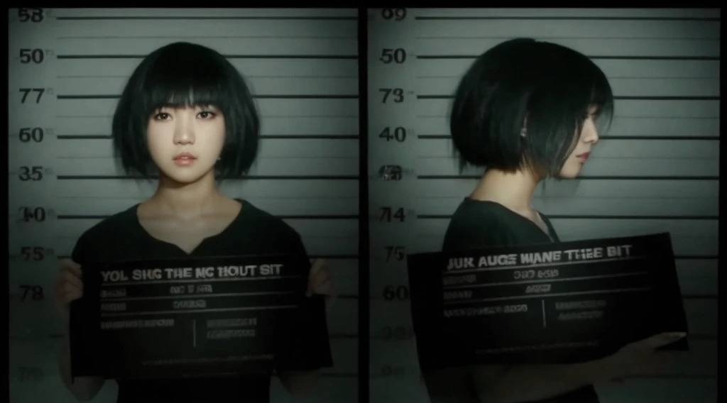 a close up of two mug shots of a woman holding a sign, June Park Inmate Arrested, mugshot!!!, mugshot!!!!!, still from a live action movie, she has black hair with bangs, japanese live-action movie, screenshot from a movie, styled like ghost in the shell, park shin hye, squid games actress. Young teenage Asian girl. Soft young sweet and innocent girl.The 8k quality、Top image quality、超A high resolution、​masterpiece、Photorealsitic、1 girl in、Facial expressions asking for help、Trendy makeup、bob cuts、Trendy tight black T-shirt 、ciinematic light、The protagonist、the fear、Super Slende、Dynamism、Magic Hour、Feel the beginning of the story、Only the protagonist is looking at the camera、Spotlight only on the protagonist、The best looks in the world, super slim young teen punk model.