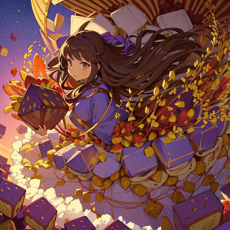 A girl with long afro hair flying low in the air covered in boiling large strawberry cake armor serving a large purple potato jam、Amazing dynamism、Amazing Angle、unstable buoyancy sandstorm、(((Lots of friendly oversized dried fruit cubes floating densely to chase)))、((surround each other&#39;straw cube))、