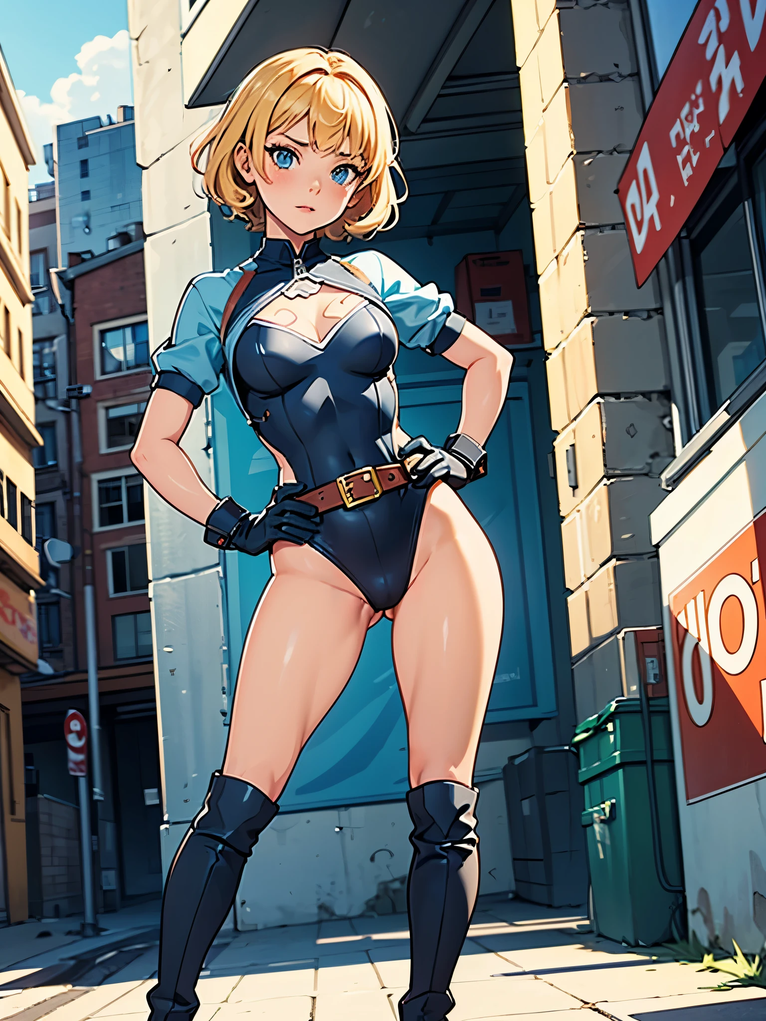 1girl, medium breasts, leotard, highleg leotard, light blue leotard, lighting bolt emblem on chest, bare legs, tight belt, boots, matching boots, gloves, city backdrop, solo, single, hands on hip, standing, full body shot, cowboy shot, superhero, beautiful detailed eyes, power, diffraction spikes, blonde hair, short hair, wavy hair, high school backdrop, outdoors, mature lady, teacher