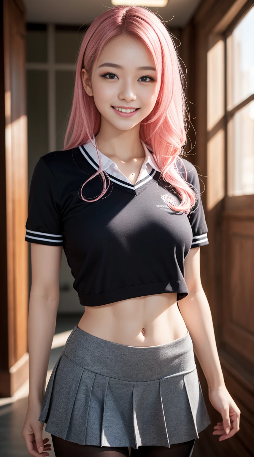 8K, Master piece, Raw photo, Best quality, Photorealistic, Highly detailed CG Unity 8K wallpaper, Depth of field, Cinematic light, Lens flare, Ray trace, (Extremely beautiful face, Beautiful lips) , beautiful eyes), intricate detail face, ((super detailed skin)) 1 girl,, pink hair, deep shadows, cute idol, 1 , (very slim and slender fit muscular body: 1.3), ((Looking at viewer)),(Big smile:1.3),, (Background blurred), School uniform, high school girl, pantyhose, full body portrait,