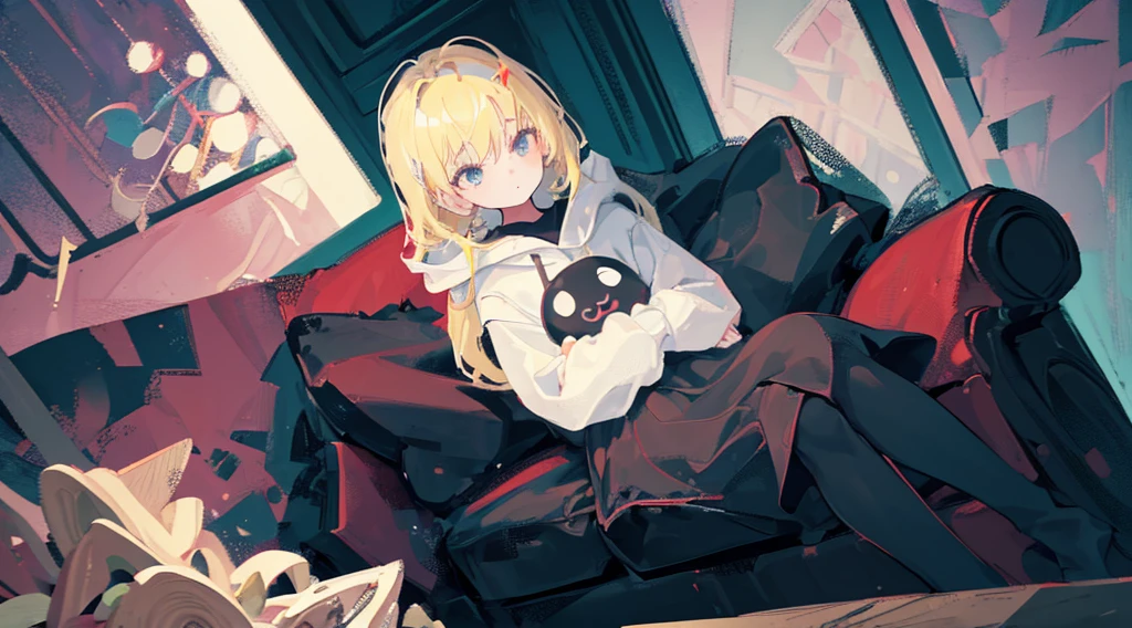 (1 girl, blonde hair, black eyes, black hoodie, sitting on the sofa, kawaii), (abandoned house), (low contrast, flat color, limited palette)