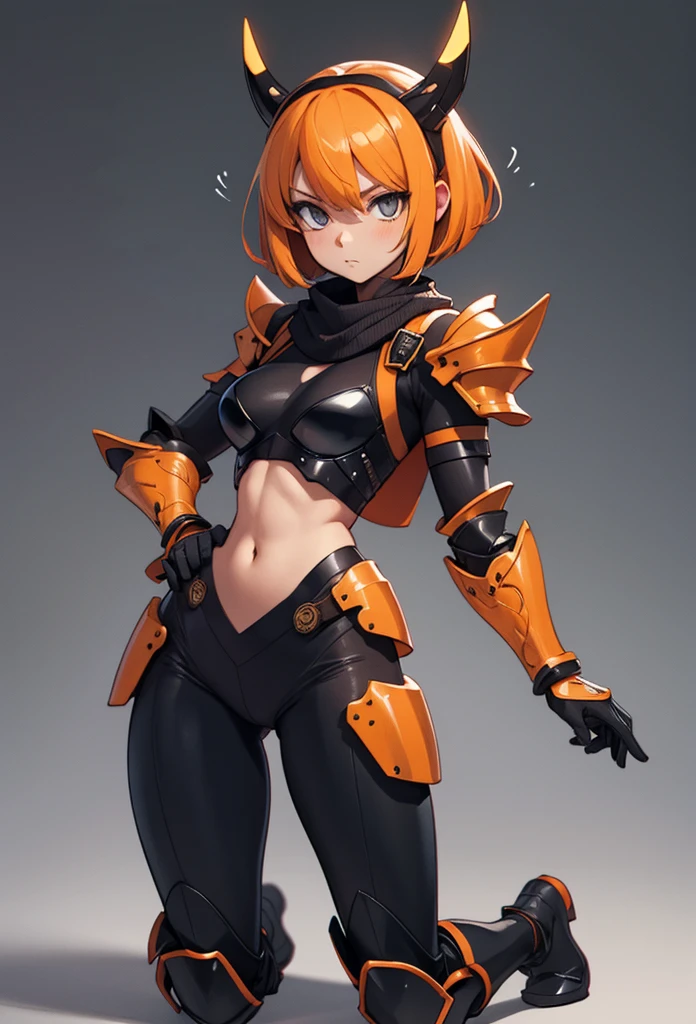 [Shinjuku background at night],(HENTAI ANIME) (Japanese NINJA Girl (Beauty) 15yo student) petite and muscular [Slim & fit body], Short Bob Cut,([hornet] Orange Ninja Battle Armor) scarf [stall] ((Fitting rubber inner) [honeycomb] [edg]) hair adornments (Dull metallic luster:0.8),gravure [KUNOICHI],(Perfectly proportioned),Ideal color coordination),(Intricate and beautiful decoration (Dense detail)),[Perfect hand details],(Beautiful perfect face, yellow eyes, yellow irises, [Perfect eye details, [Full body like], fit thighs, thigh gap,[[Desaturation]], pretty hands, perfect fingers