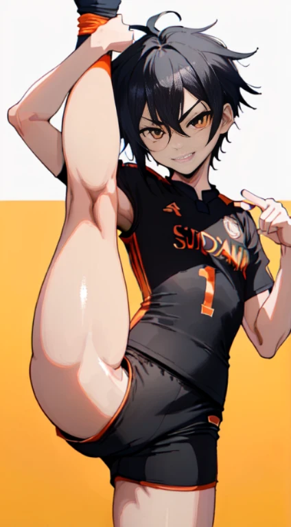 (((superfine illustration,hight resolution, masutepiece, best qualtiy,Best Quality)))、hightquality, detaileds, (A ),12 years oace striker with a super cute face,A boy as beautiful as Planding, Cool handsome face with smile, soccer spike, Long legs, thighs thighs thighs thighs, Foots, Bulge, (Black hair、Spiky hairstyle)、Shiny hair, (tight shiny orange soccer uniform suit), (tight and shiny soccer shorts), (Soccer Socks), tussock, Cool pose, (厚いthighs thighs thighs thighs、Seduce your big ass to your crotch)、(((Football Stadium:1.2)))、((cocky、))、Smirk、(((standing split:1.4))),Ultra-fine painting, (Best Quality, 4K, 8K, hight resolution, masutepiece),((detailedsな目))、kawaii eyes、I-shaped balance、raise leg、(((Accurate leg expression:1.4))),