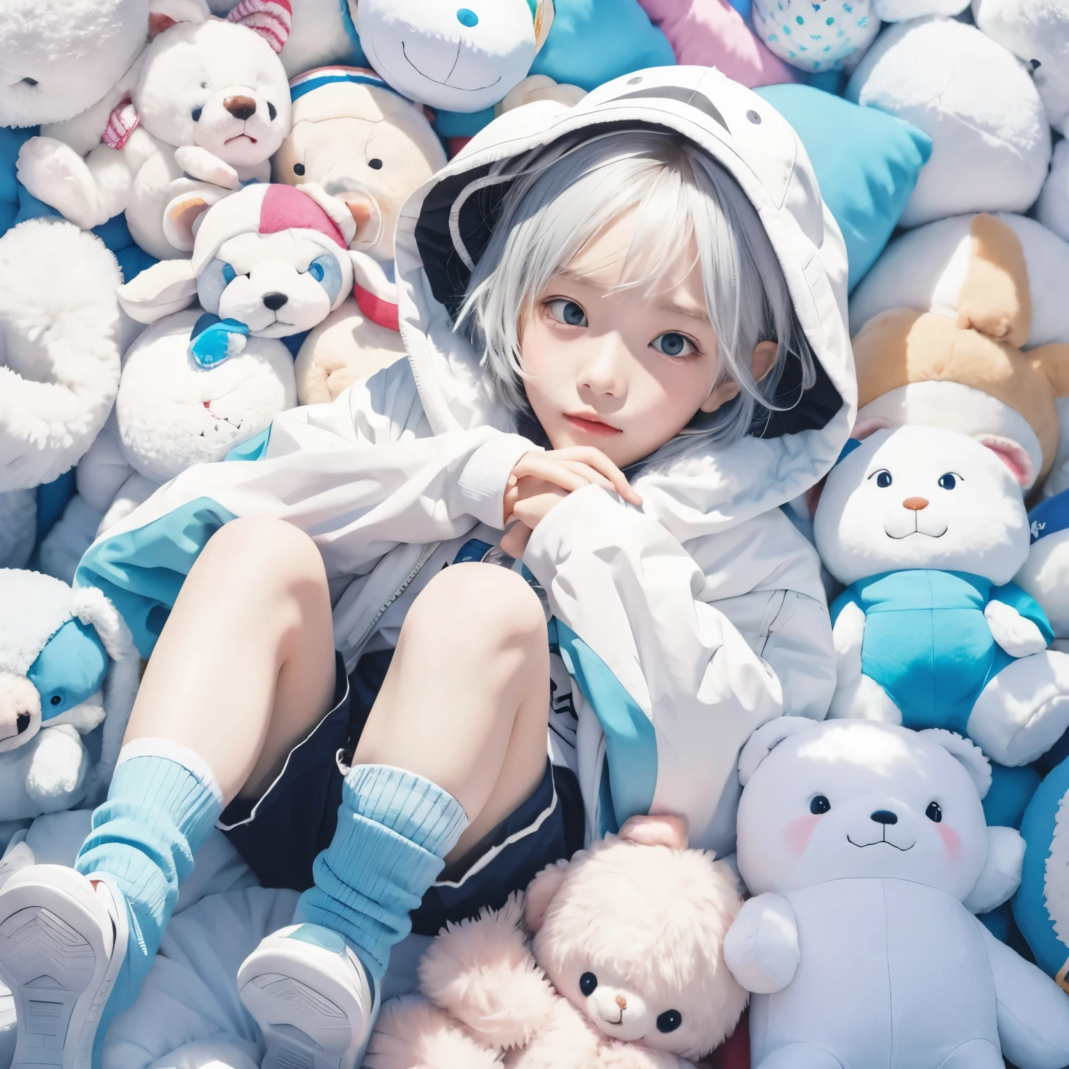 Anime boy lying among a pile of stuffed toys, Pixiv has the highest rating, Popular topics on artstation pixiv, guweiz on pixiv artstation, pixiv, guweiz on artstation pixiv, Digital art on Pixiv, splash ink art anime , Popularity on pixiv, In Pixiv, Guviz-style artwork