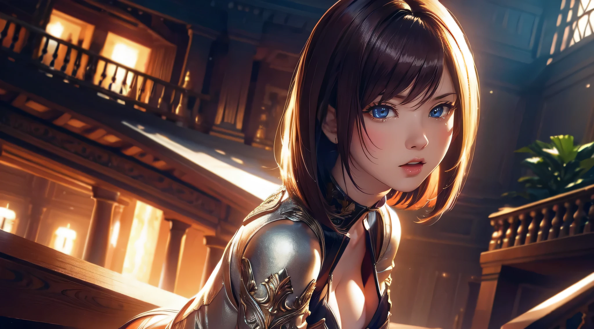 From below, Random sexy poses,Ultra detailed skin, (Curve), Petite, Beautiful breasts, Large breasts, pale skin, pointed breast, Erect nipples, Short hair, (super thin hair), (ultra soft hair), (ultra straight hair:1.2), Swept long bangs, very light coppery amber hair, Hair over one eye, (Cinematic scene, Fantasy Art, Highest image quality, hyperrealistic portrait, (8K), Ultra-realistic, Best Quality, High quality, High Definition, high quality texture, high detailing, Beautiful detailed, fine detailed, extremely details CG, Detailed texture, realistic representation of face, masutepiece, presence, Dynamic, Bold), (Clothed:1.5)